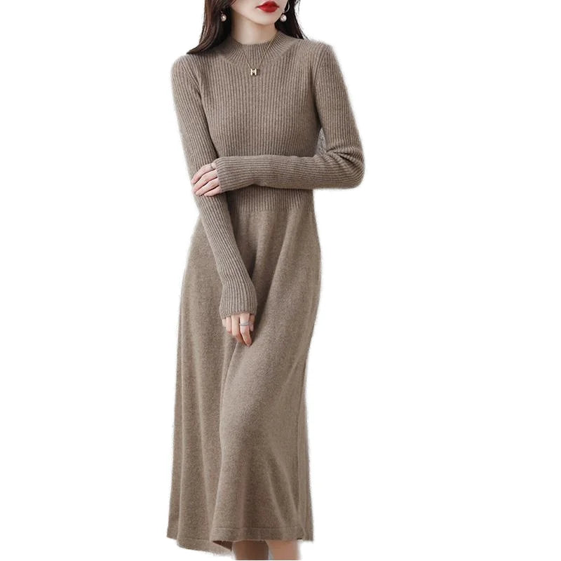 Women's Autumn Winter A-Line Midi Dress Simple Casual Long Sleeve Knitwear with O-Neck Solid Color Sweater Dress