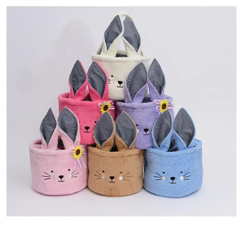 Cartoon Plush Easter Bunny Basket Bags with Ears Soft Easter Rabbit Candy Egg Hunt Bucket for Kids Gifts Festival Decoration