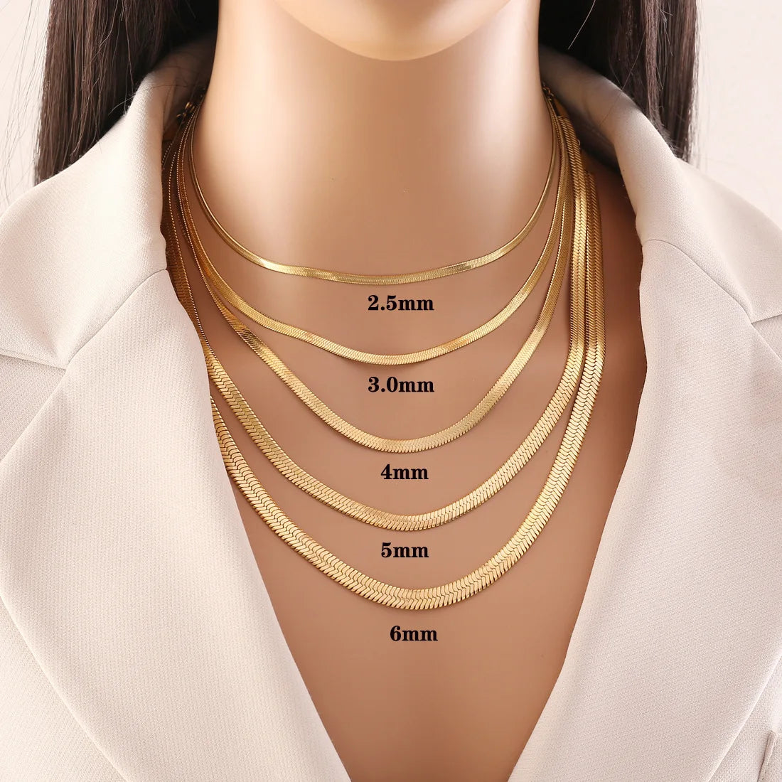 Women 2.5-6mm Cheap Flat Snake Bone Chain Link Choker Necklace Stainless Steel 18K Gold Plated Jewelry Necklaces