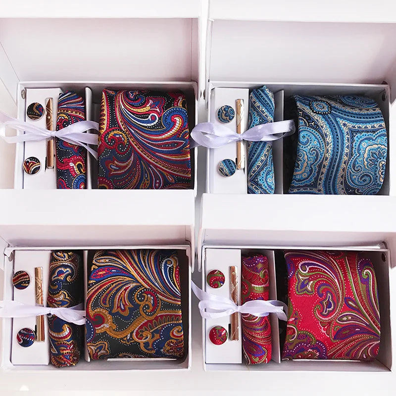 Luxury Custom Men's Tie Set Printed Silk Necktie Paisley Floral Pocket Square Cufflinks Men's Gift Set