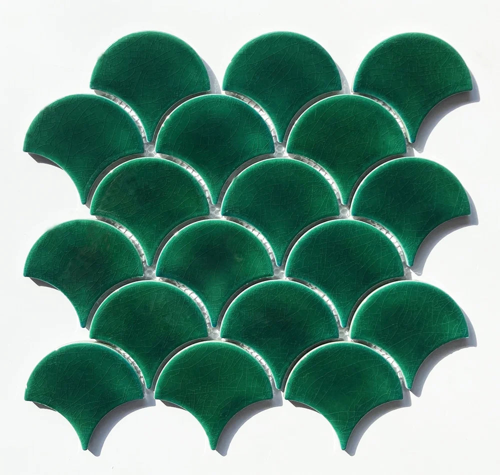 DS Modern Dark Green Thick Ice Crackle Fan Scale Indoor Wall Tile Backsplash Mosaic Ceramic Swimming Pool Tiles