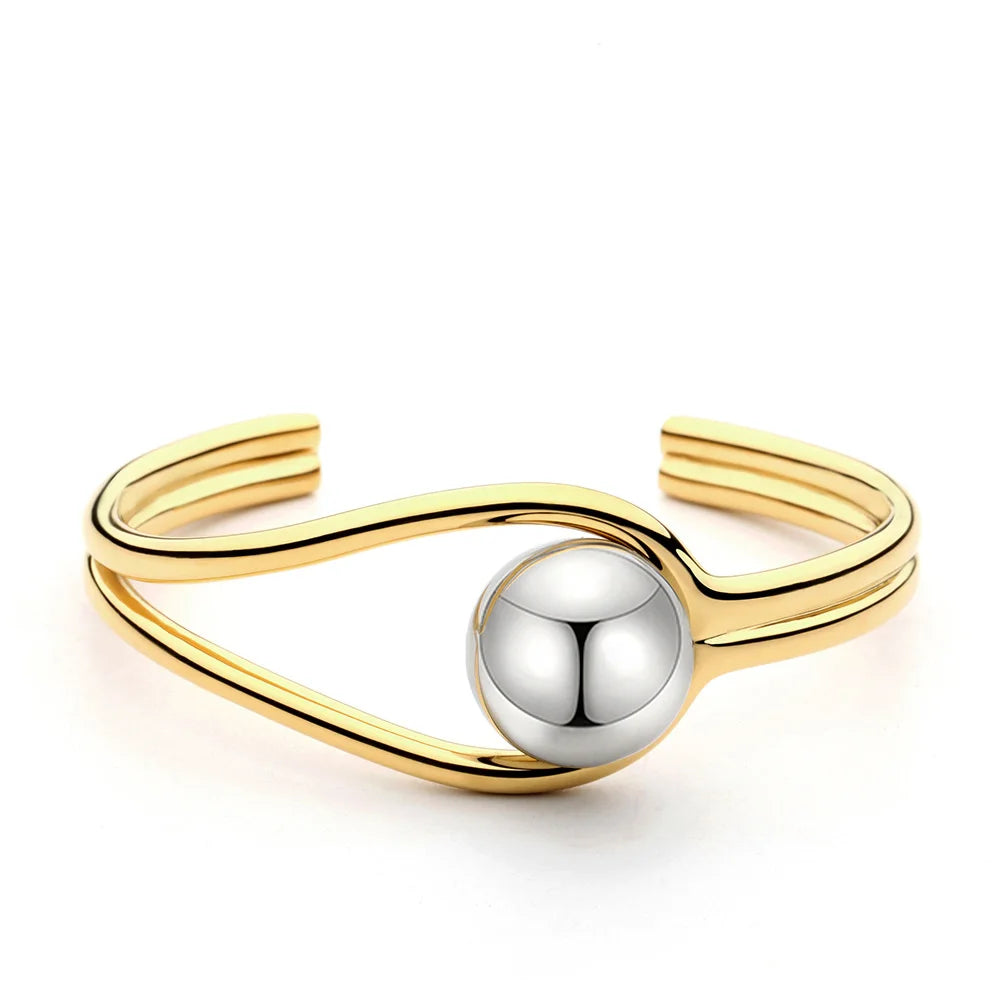 High-End Women's Stainless Steel Fashion Cuff Bracelets Open Metal Ball Gold Design with Elegant Open Bangle Style