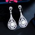 Noble White Cubic Zirconia Stones Pave Hanging Vintage Bridal Long Drop Pearl Earrings for Women Party Wedding Jewelry Gift MegaBDM
