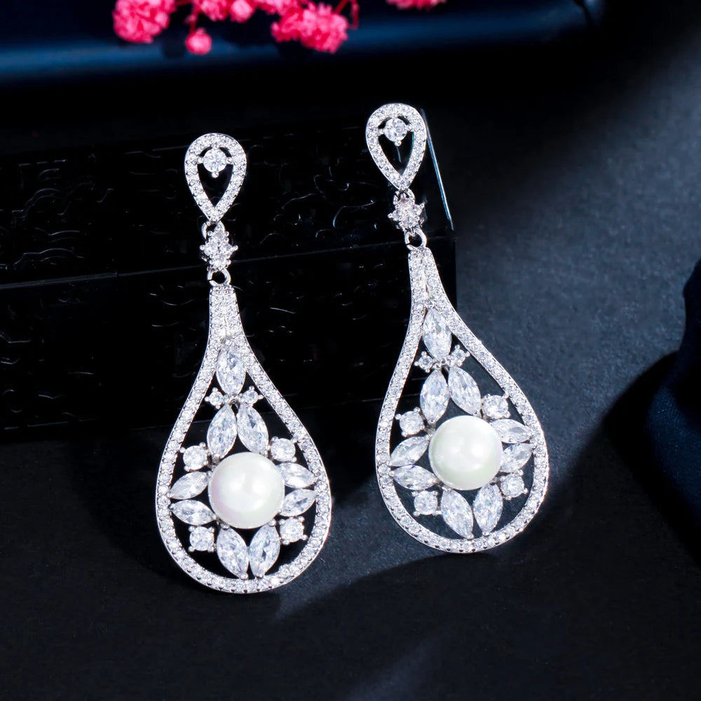 Noble White Cubic Zirconia Stones Pave Hanging Vintage Bridal Long Drop Pearl Earrings for Women Party Wedding Jewelry Gift MegaBDM