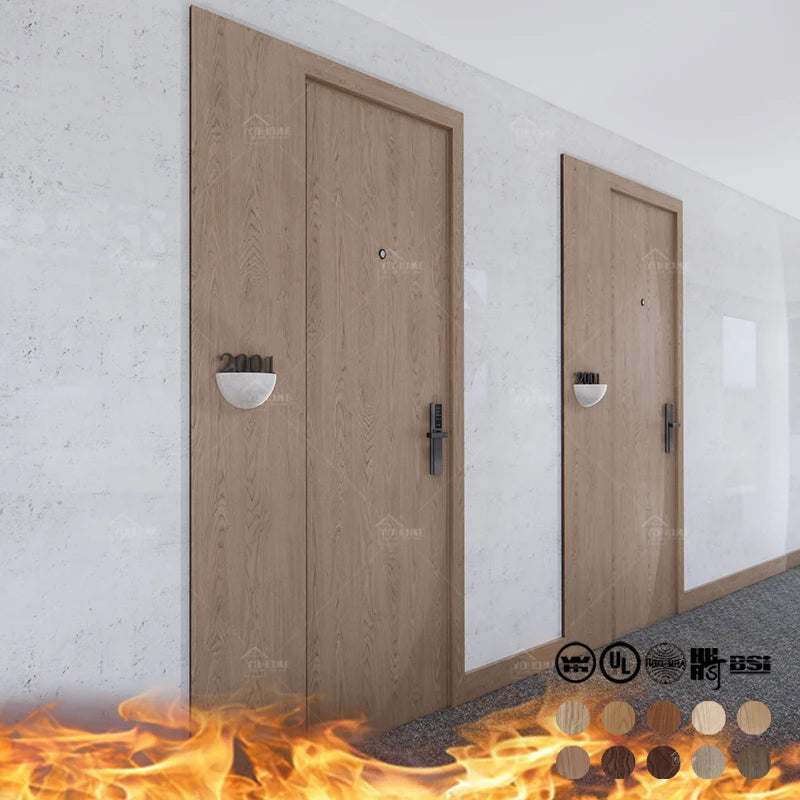 WH Certification Fireproof Interior Oak Door Wooden Fire Rated Door Hotel Guest Room Door With Decorative Wall Panel