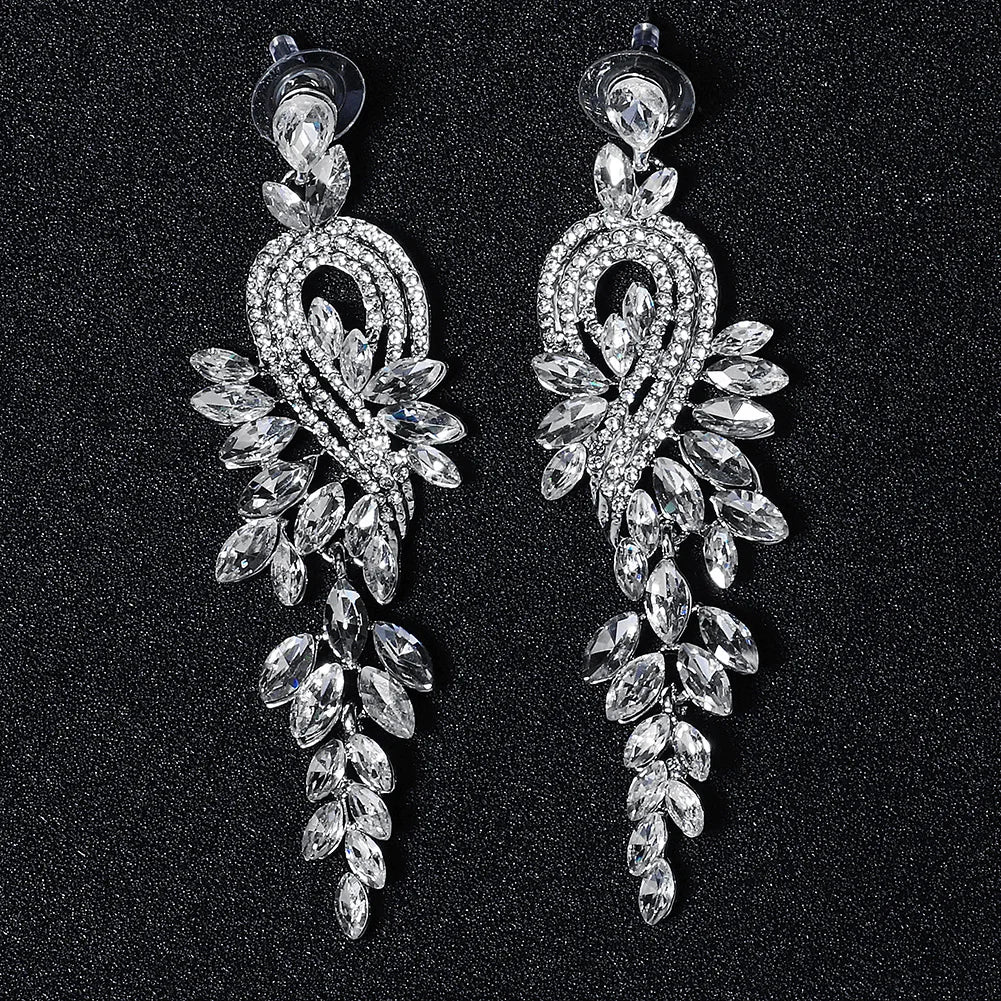 Newest Bohemia Silver Color Crystal Alloy Long Luxury  Women Drop Earrings Wedding Bride Bridesmaids Dangle Earrings