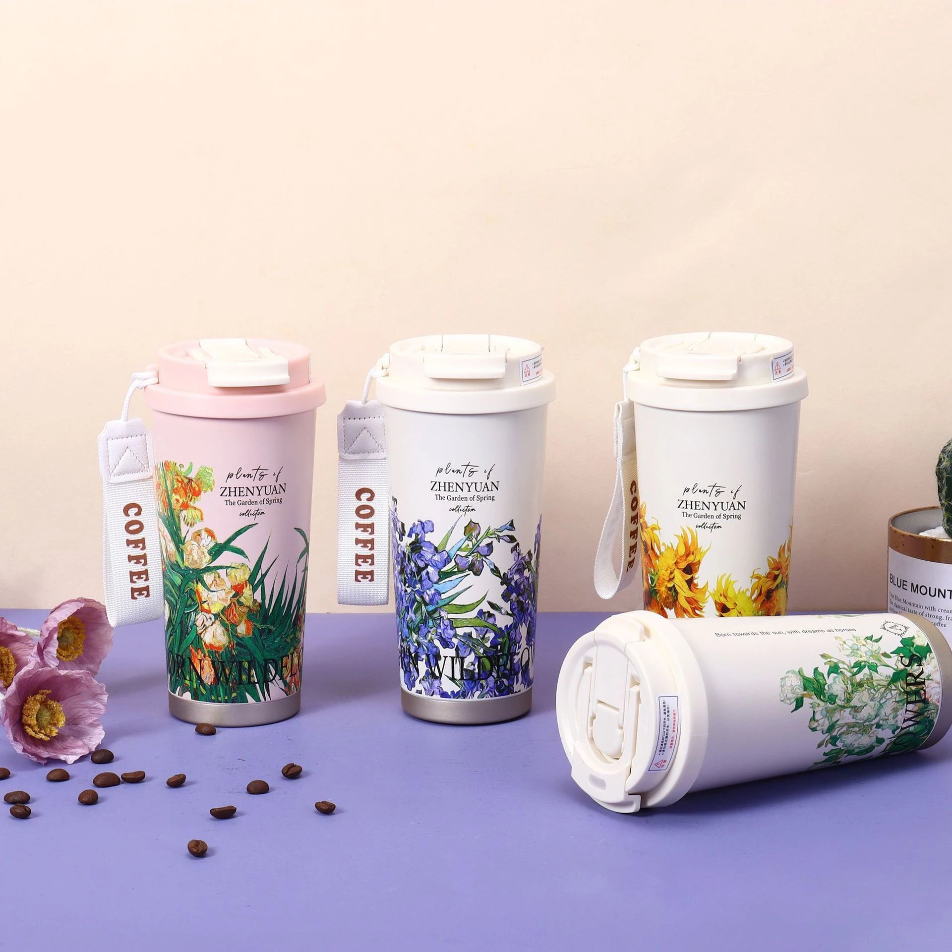 Wholesale Cheap Travel Coffee Tumbler Flower Print Coffee Mugs Stainless Steel Thermos Travel Coffee Mug With Rope