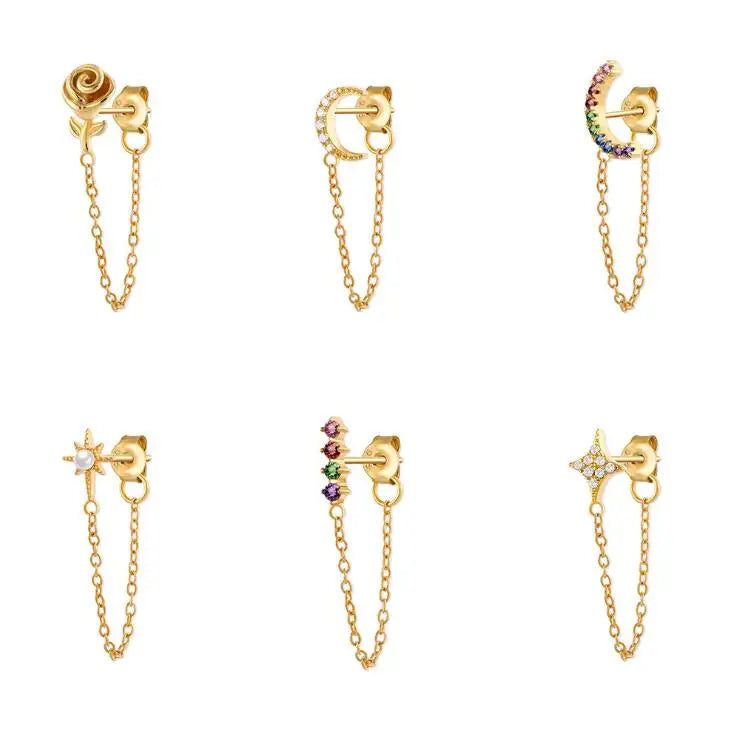 S925 Dainty Fashion Punk Earrings Cubic Colored Pave Rainbow Moon Star Zirconia Gold Hoops Huggies CZ Chain Stud Earrings