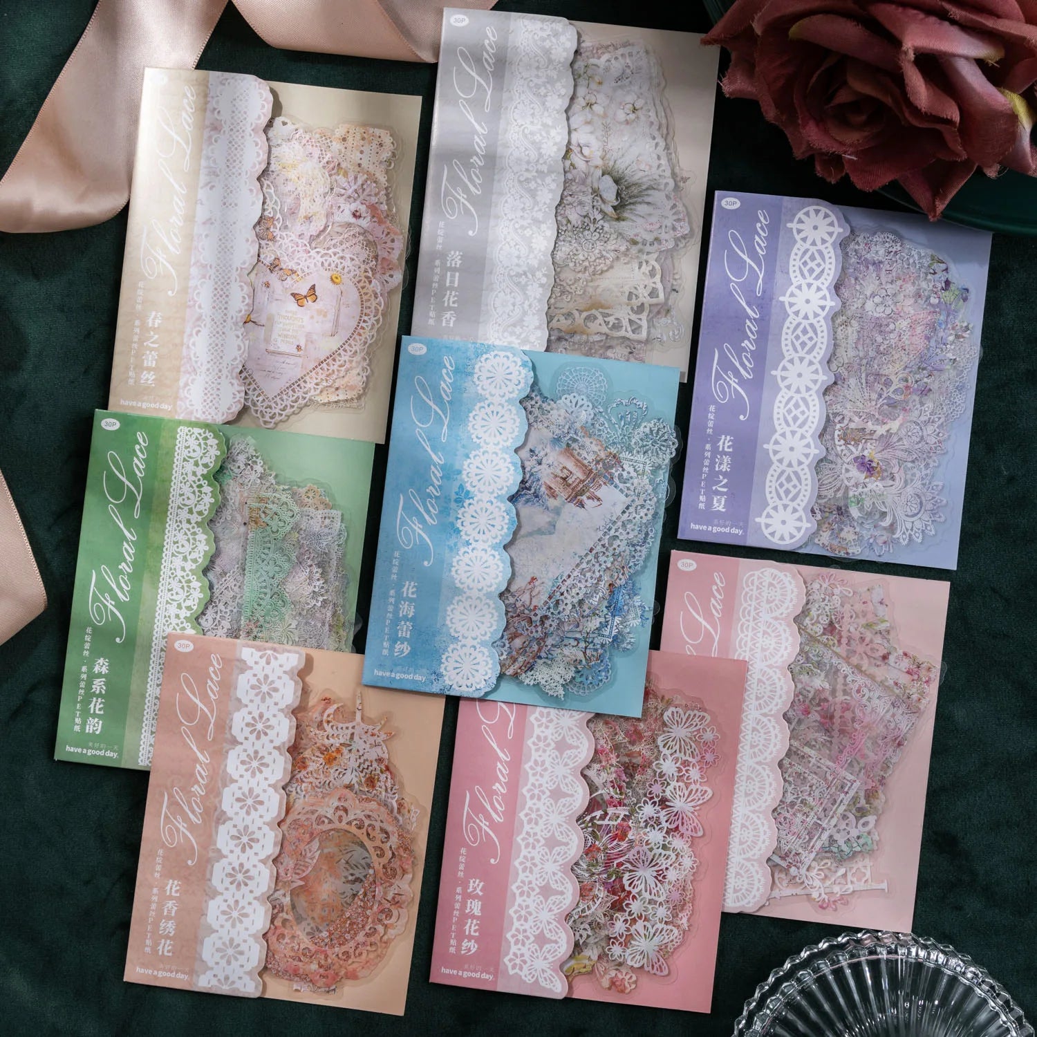30 Pieces/Pack Pet Sticker Paper Flower Lace Series Hollow Lace Journal Hand Account Collage Material Decoration Into 6 Types