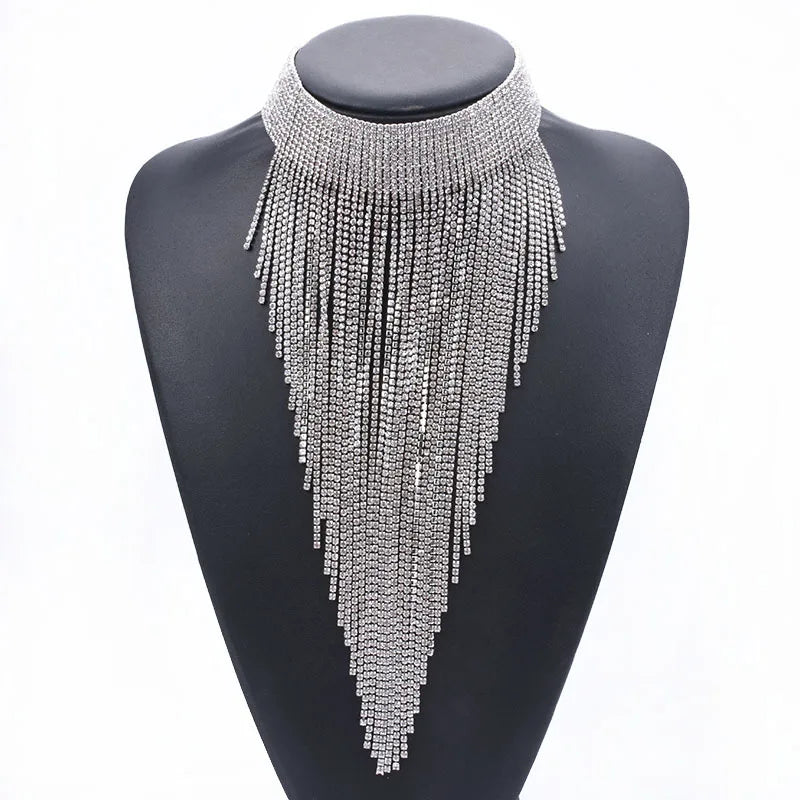 Beautiful Shiny Long Tassel Choker Full Paved Diamond Choker Necklace Bridal Choker