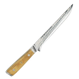 Amber 7 Inch Alligator Pattern Damascus Steel Boning Knife with Olive Wood Handle