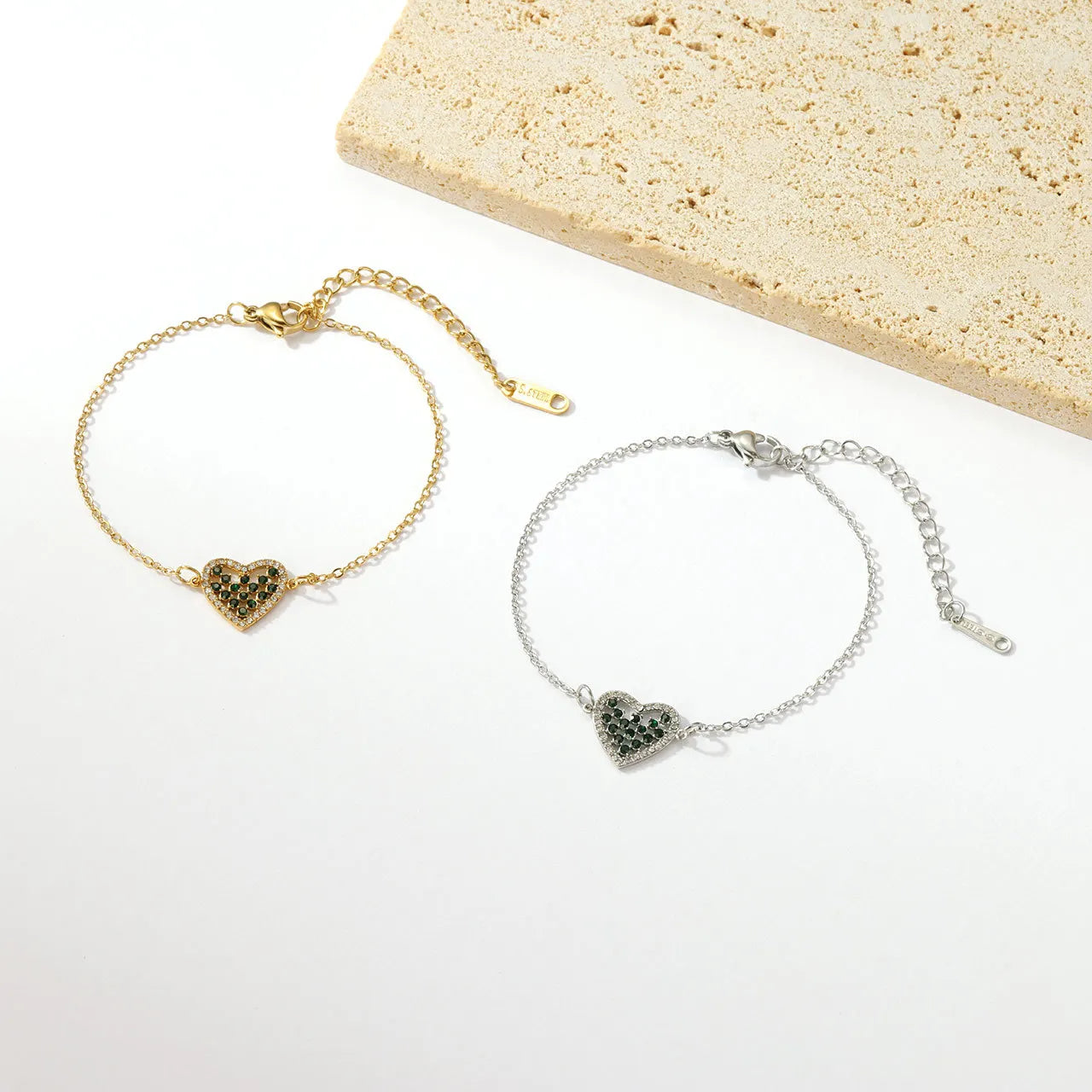 Fine Jewelry Green Zircon Bracelet New Fashion 18K Gold Plating Women Stainless Steel Heart Shaped Bracelet