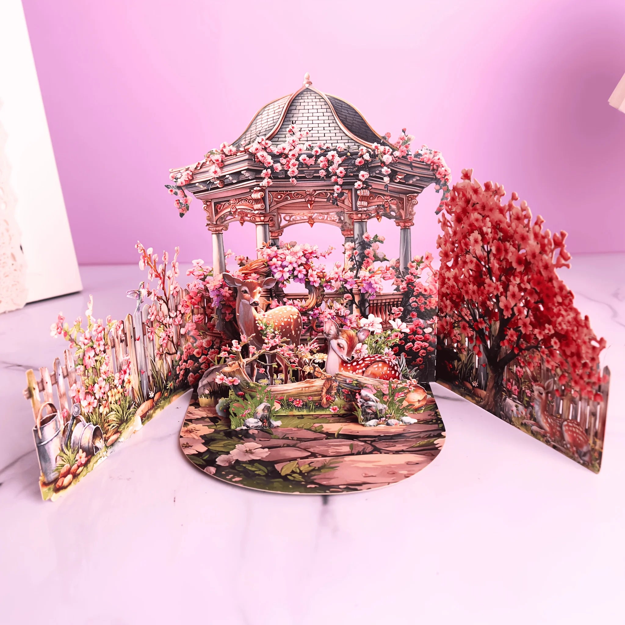 With Deer Pavilion Flower Pavilion and Double Doors for Festival Gift Giving and Blessings 3D Pop-up Greeting Card