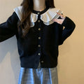 Women's Solid Knitted Sweater with Flounce Design Wholesale Chiffon Lace Tulle Ruffled Collar Button Cardigan Top Winter
