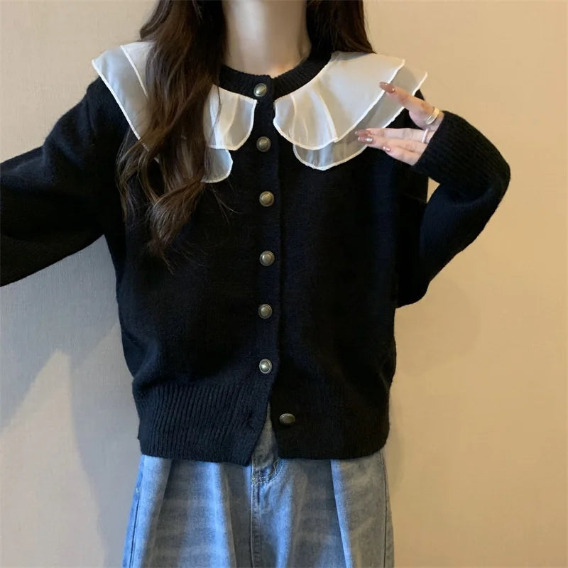Women's Solid Knitted Sweater with Flounce Design Wholesale Chiffon Lace Tulle Ruffled Collar Button Cardigan Top Winter