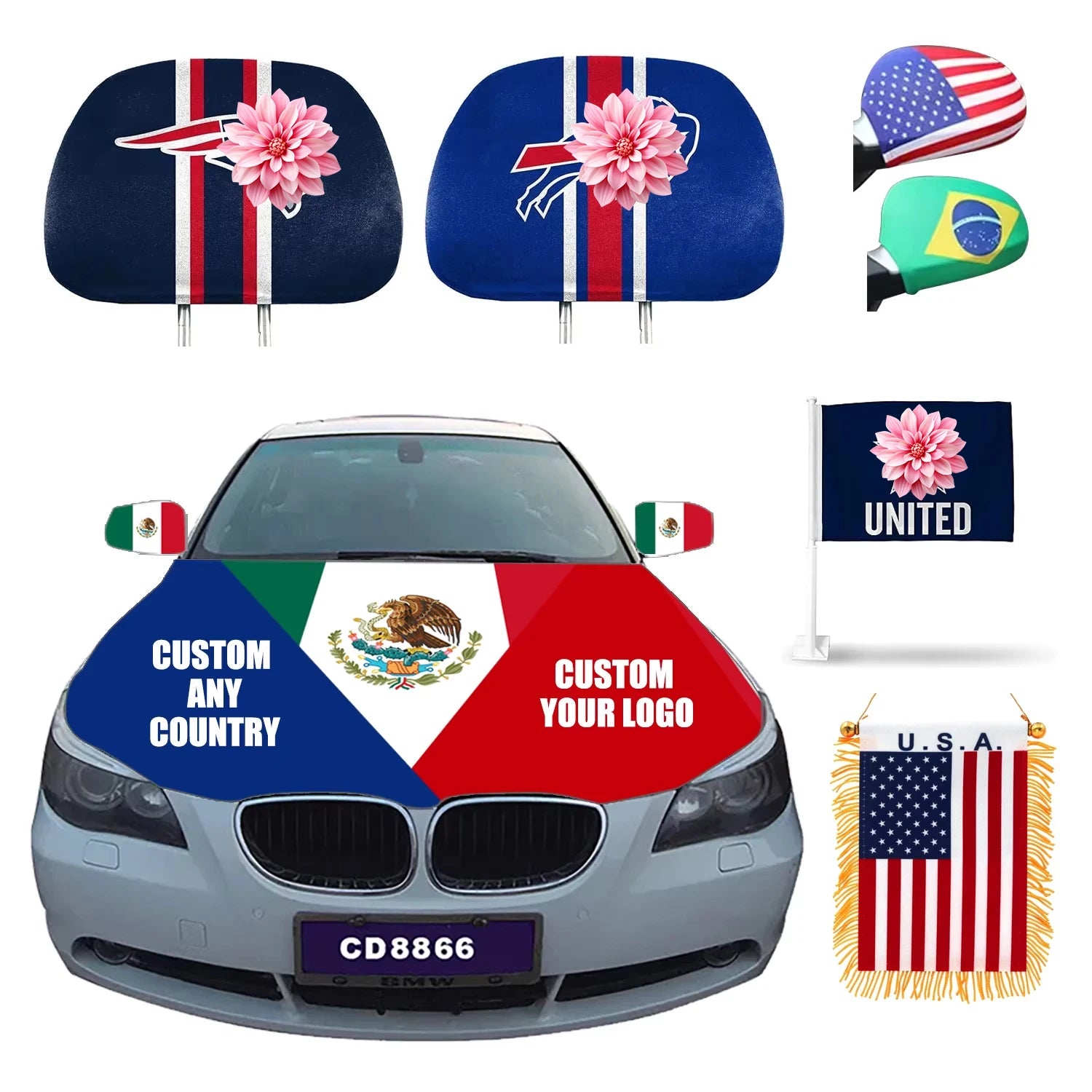 Custom Polyester Car Headrest Pennant Hanging Flag Rear View Mirror Cover Window Flag Car Head Rest Car Hood Cover