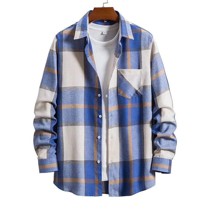 RNSHANGER Autumn Men Shirt Turn-Down Collar Long Sleeve Plaid Buttons Shirt Casual Loose Streetwear Male Shirts With Pocket