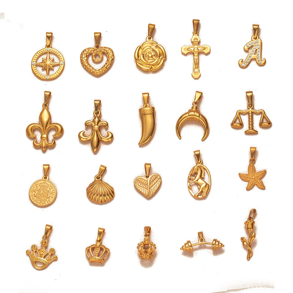 Factory in Stock Gold Plated Jewelry Fleur-De-Lis Rose Flower Pendant Non Tarnish Crown Charm Stainless Steel North Star Pendant