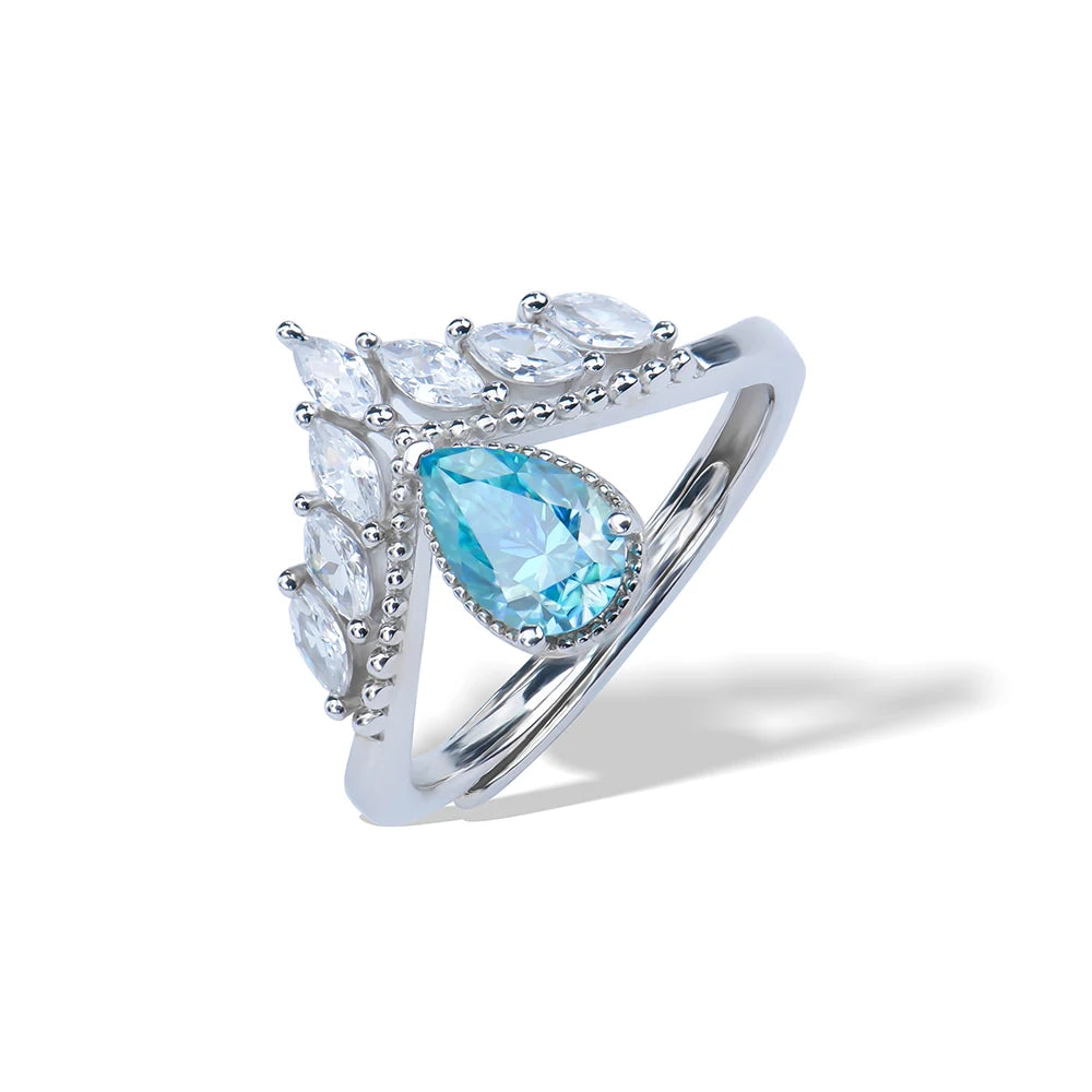 Classic 925 Sterling Silver Trendy Jewelry Ocean Blue Pear Shape Moissanite Diamond Adjustable Size Engagement Ring for Women