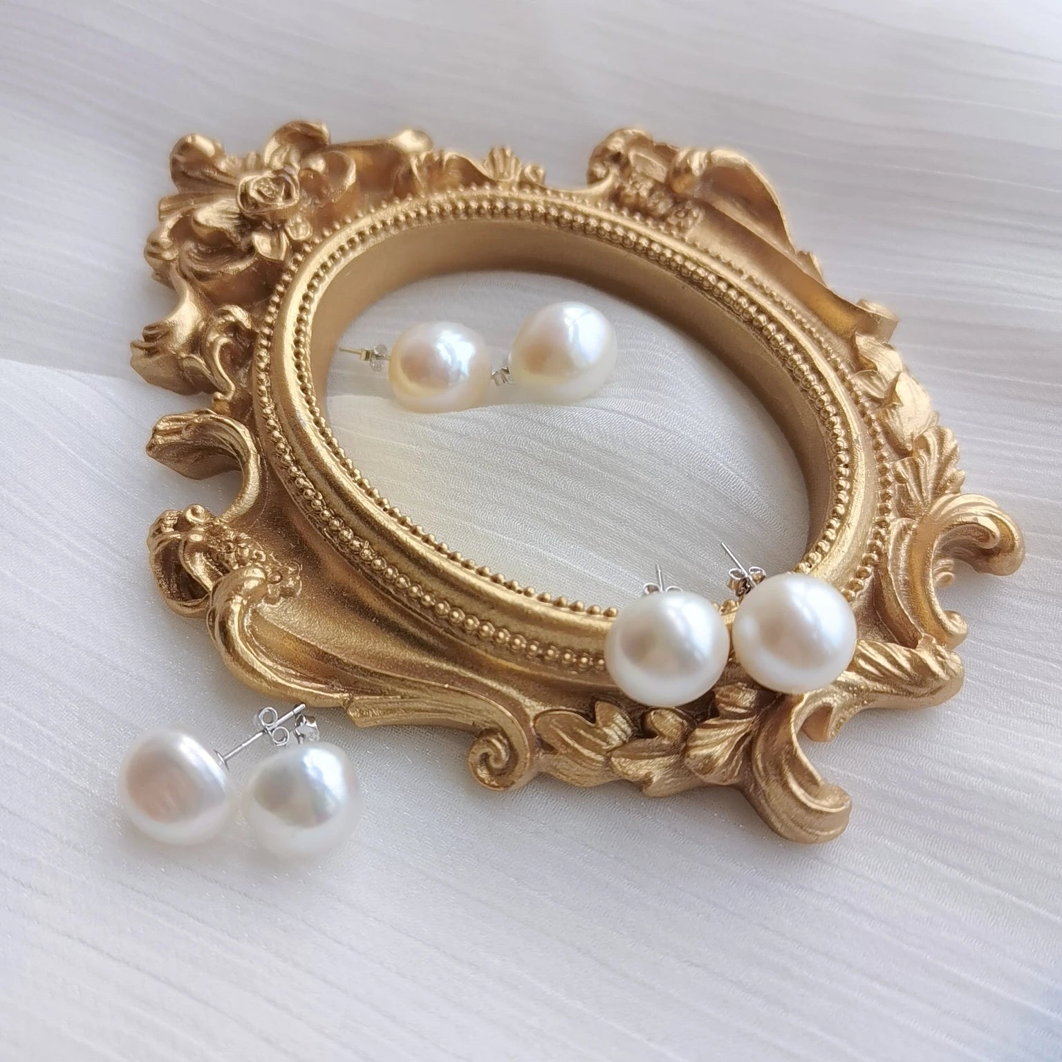 925 Sterling Silver 12-13 mm Natural Style Big Real Freshwater Pearl Stud Earrings