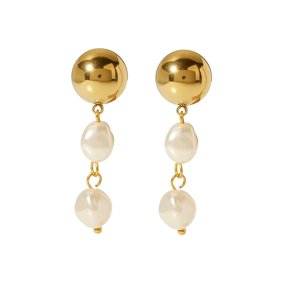 Chris Fashion 316L Stainless Steel PVD Gold Plated Minimalist Ball Drop Dangling Baroque Pearls Earrings for Women