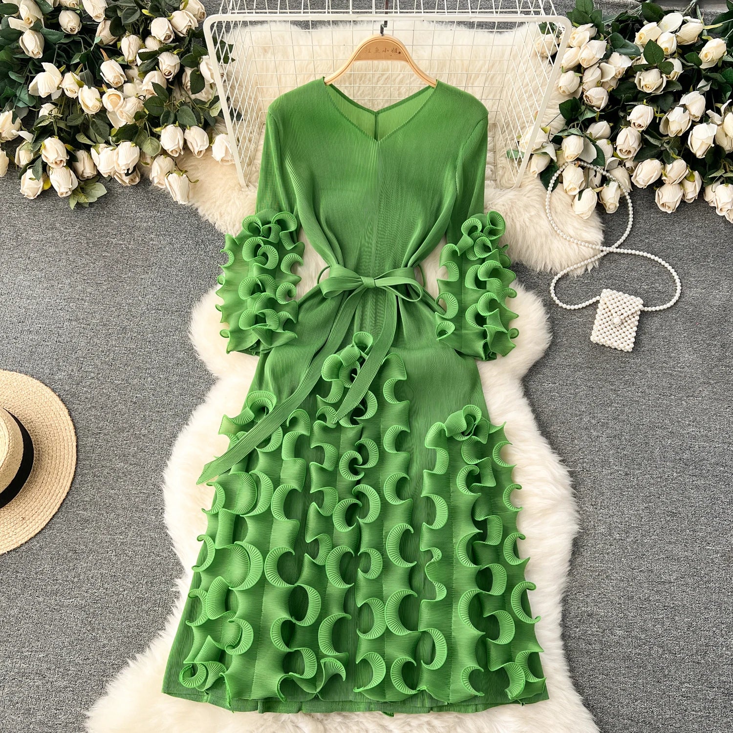 LE2508 Female Midi Evening Dress European American Three-Dimensional Flanged Design Sweet Long Party Gown Plain Dyed Technique