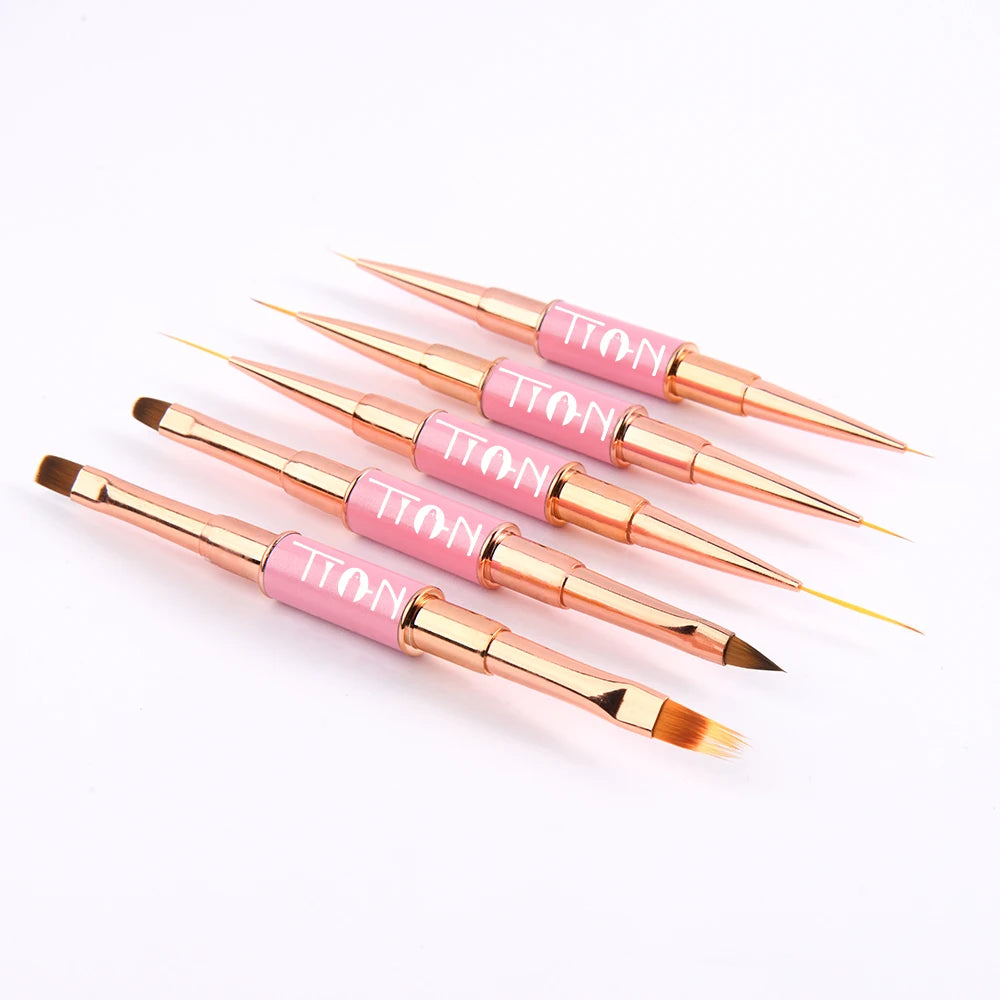 2022 Wholesale 5pcs Pink Metal Double Ended Nail Art Brush Nail Extension Gel Brush Set Polish Nail Painting Tools