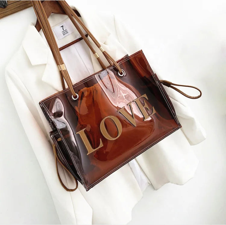 Summer Transparent PVC Tote Bag Fashion clear Jelly Bag with Sewing Love logo Large Capacity Plastic Canvas Inner Women Handbags