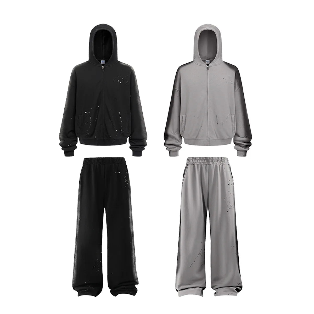 Chain for Men's Hooded Streetwear Winter Casual Suit Set 2025 New Wash Spray Paint Graffiti Zipper Sweater Pants
