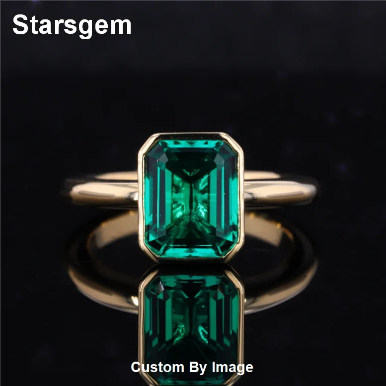 Starsgem Bezel Setting 18K Solid Gold 8*10mm Lab Grown Emerald Ring