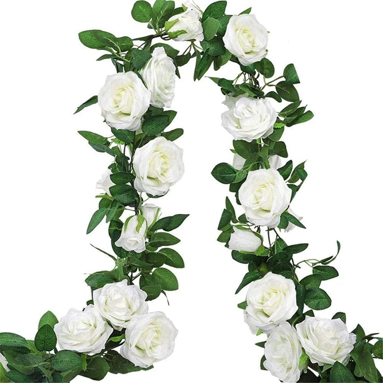 White Rose Garland Artificial Floral Garland with White Flower Vines and Silk for Wedding Arch & Christmas A501