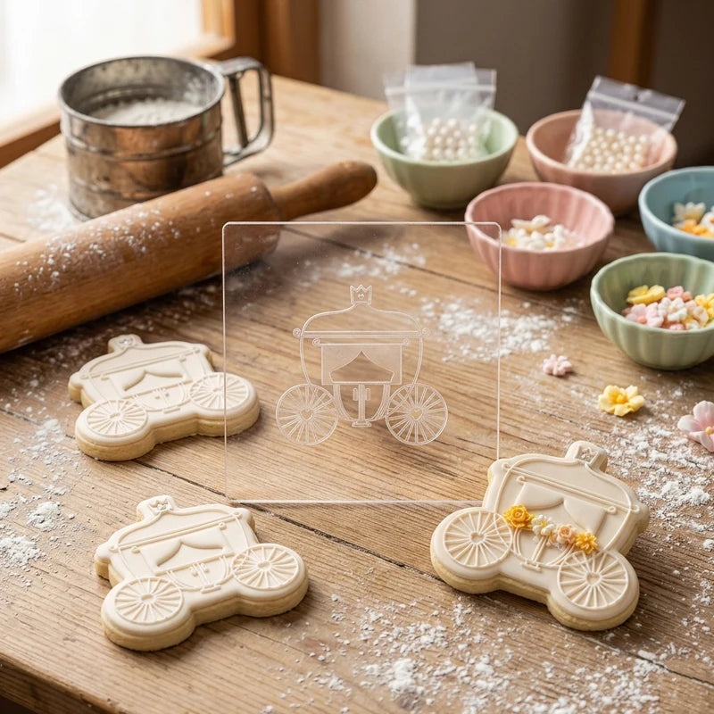 Princess Carriage Cookie Cutter and Acrylic Embosser Set Plastic Fondant Stamp for Royal Birthday Parties Cake Decorating