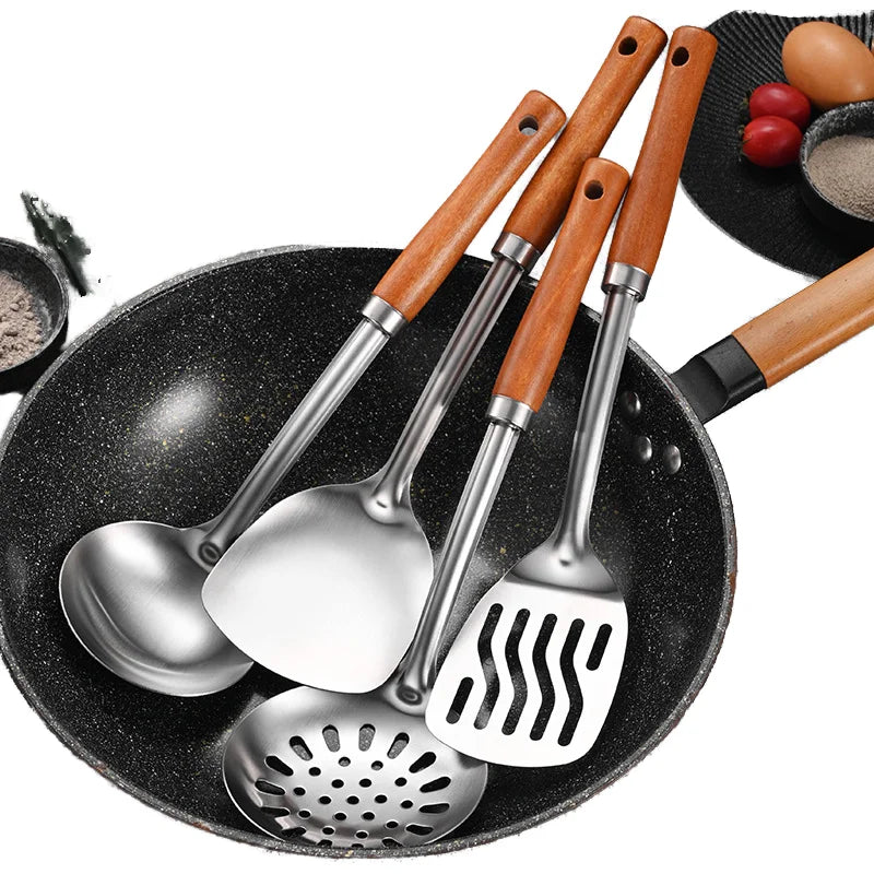 Wooden Handle Stainless Steel 4-Piece Kitchen Utensil Set Heat Resistant Wok Spatula Ladle Dishwasher Safe Cooking Tools