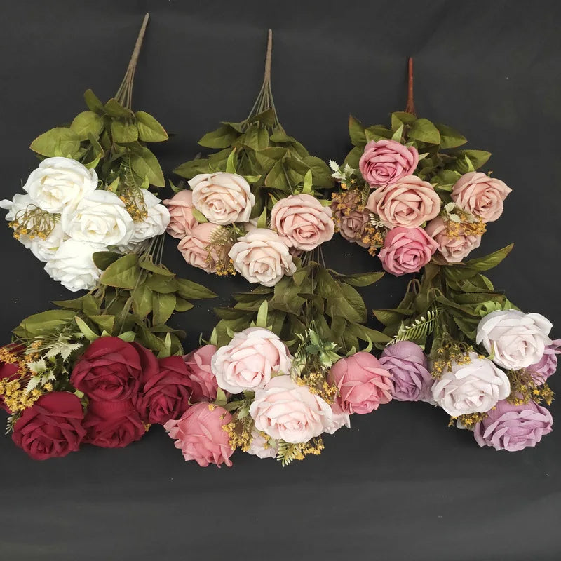 Wholesale Artificial 11 Forks Silk Rose Bouquet for Home Wedding Nautical Decor