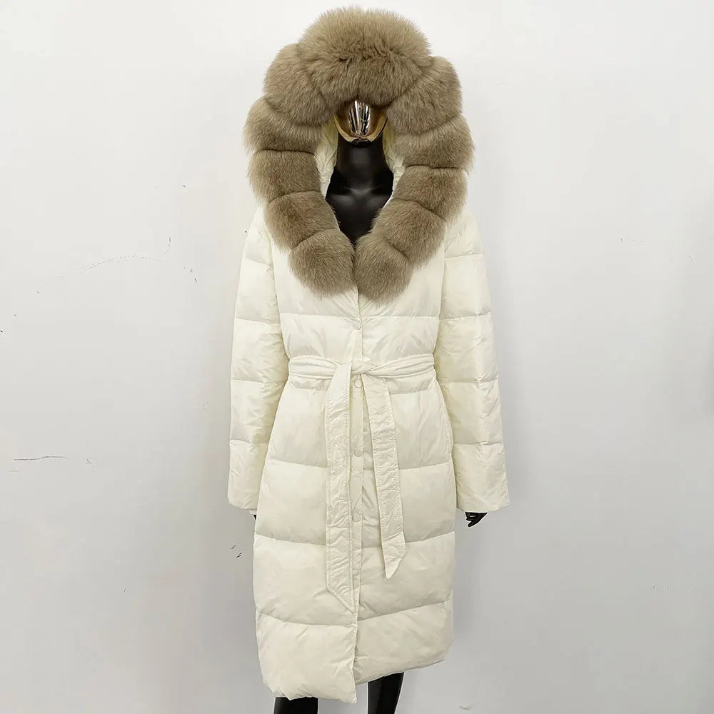 OFTBUY 2025 New Fashion Women's Winter Thick Warm Long Jacket Natural Raccoon Fox Fur Shearling Casual Belted Hooded Outerwear