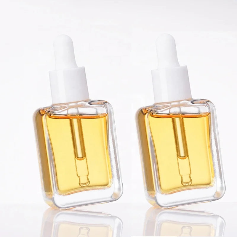 Cosmetic Skin Care Packaging 30ml Square Clear Curved Edges Fancy Hair Essential Oil Serum Glass Dropper Bottle with Eye Dropper