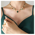 Women High End Elegant Gold Plated Stainless Steel Freshwater Pearl Green Zircon Jade Turquoise Pendant Necklace