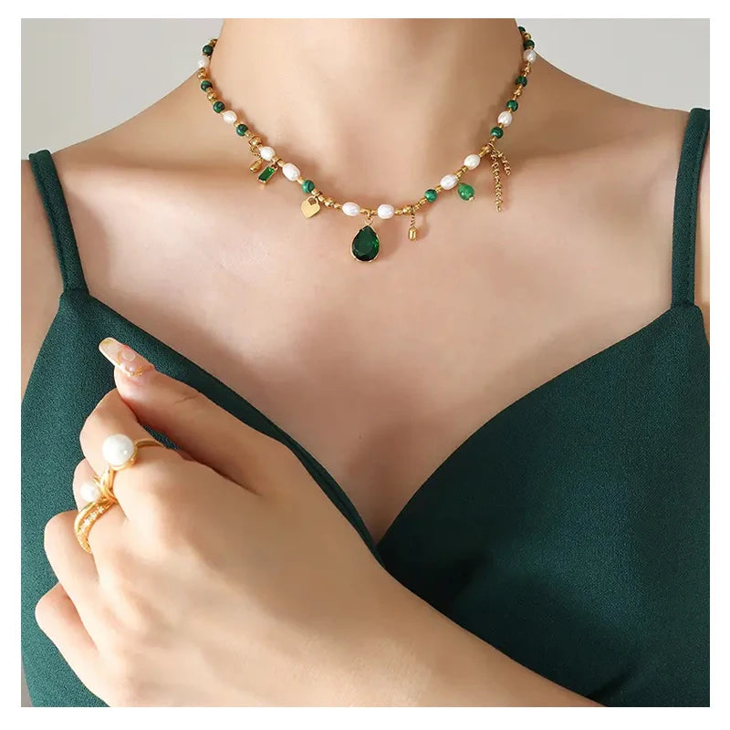 Women High End Elegant Gold Plated Stainless Steel Freshwater Pearl Green Zircon Jade Turquoise Pendant Necklace