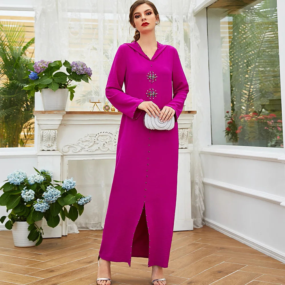 Women's Multicolored Handmade Beaded Dress Long Ethnic Abaya with Rhinestones Moroccan Style Muslim Fashion Made of Polyester
