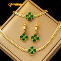 Stainless Titanium Steel Necklace Sets Bracelet  Gold Green Diamond Four-leaf Flower Jewelry Set