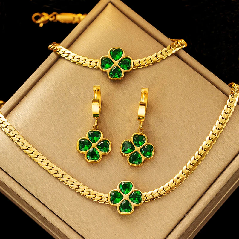 Stainless Titanium Steel Necklace Sets Bracelet  Gold Green Diamond Four-leaf Flower Jewelry Set