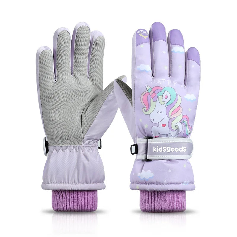 Winter Children's Ski Gloves Windproof Waterproof Thickened Velvet Lanyard Lovely Warm Gloves Wholesale