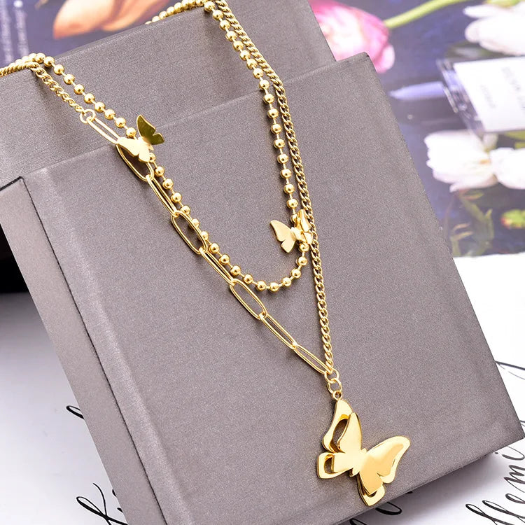 Titanium Gold Plated 2 Layers Butterfly Charm Necklace Beads Chain Short Women's Wedding Engagement Party Jewelry Christmas Gift
