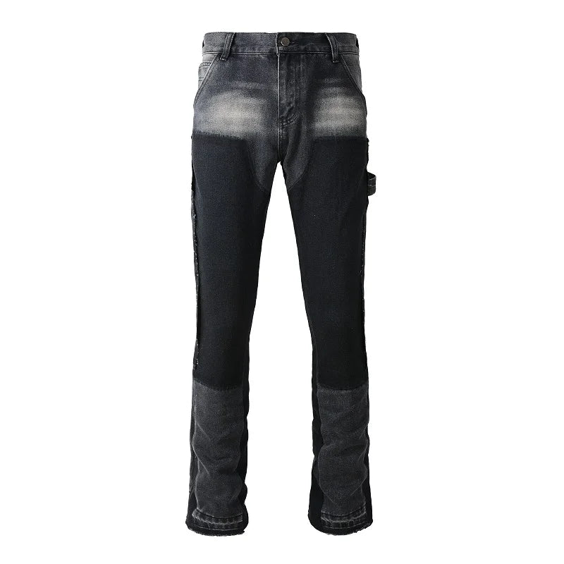 High Quality Black Baggy Cargo Pants for Men Flare Style Relaxed Cotton Denim Trousers Hip Hop Y2K Inspired