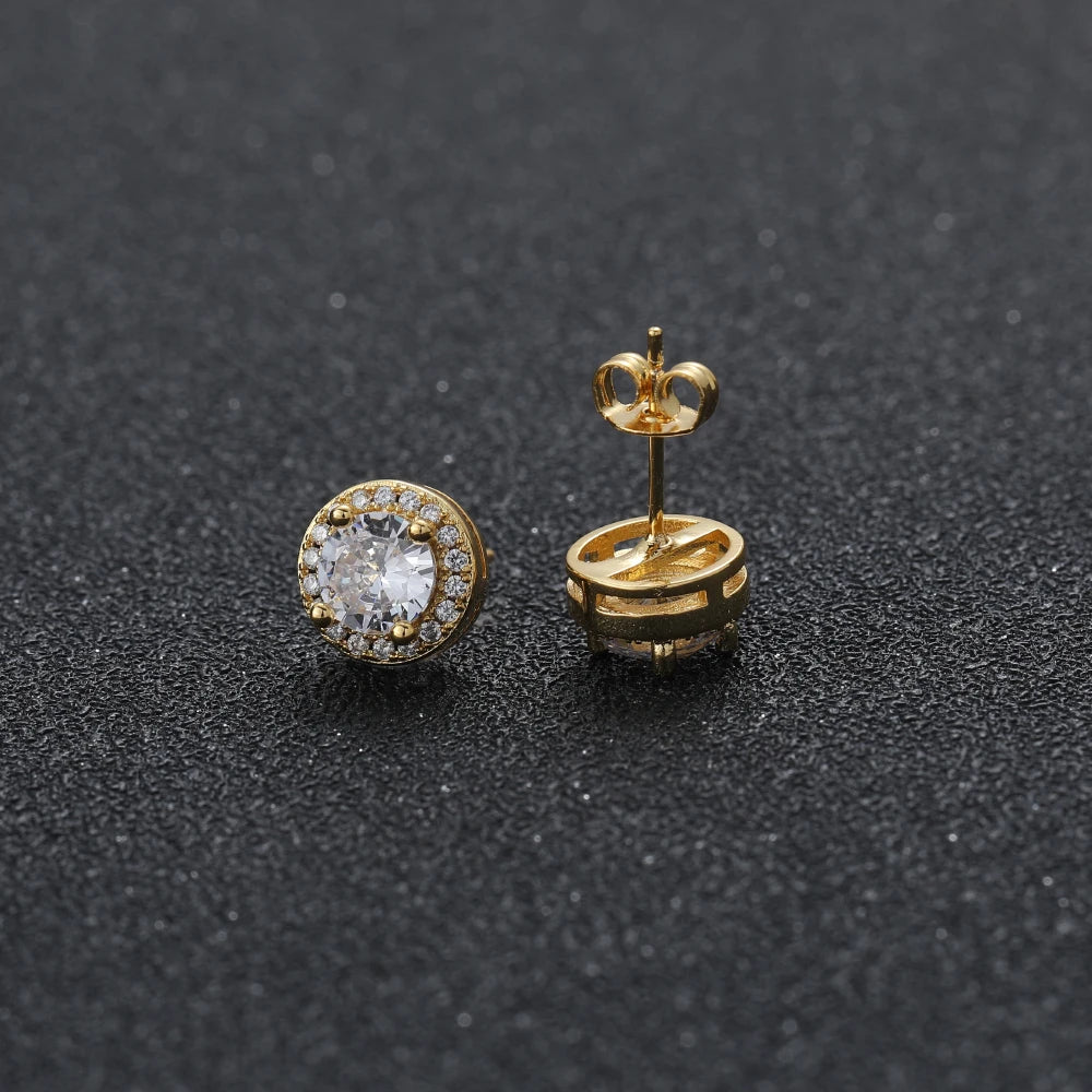 AceWings E035 9mm CZ Geometric Gold Plated Brass Setting Zircon Stud Earrings Hip Hop Iced Out Anniversary Party
