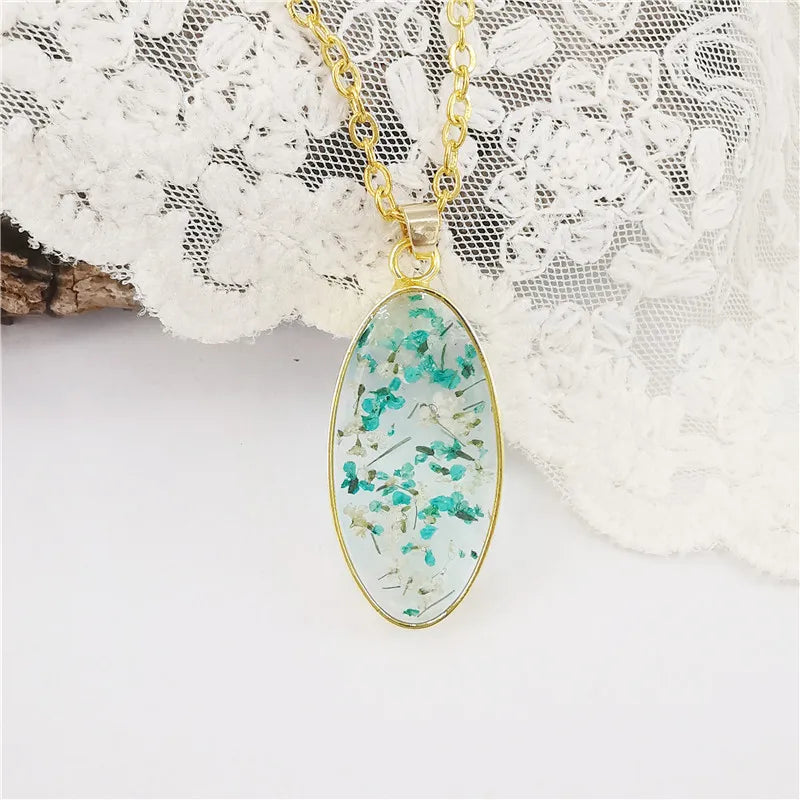 Popular Forget Me Not Necklace Resin Necklace Dried Flower Oval Pressed Flower Necklace