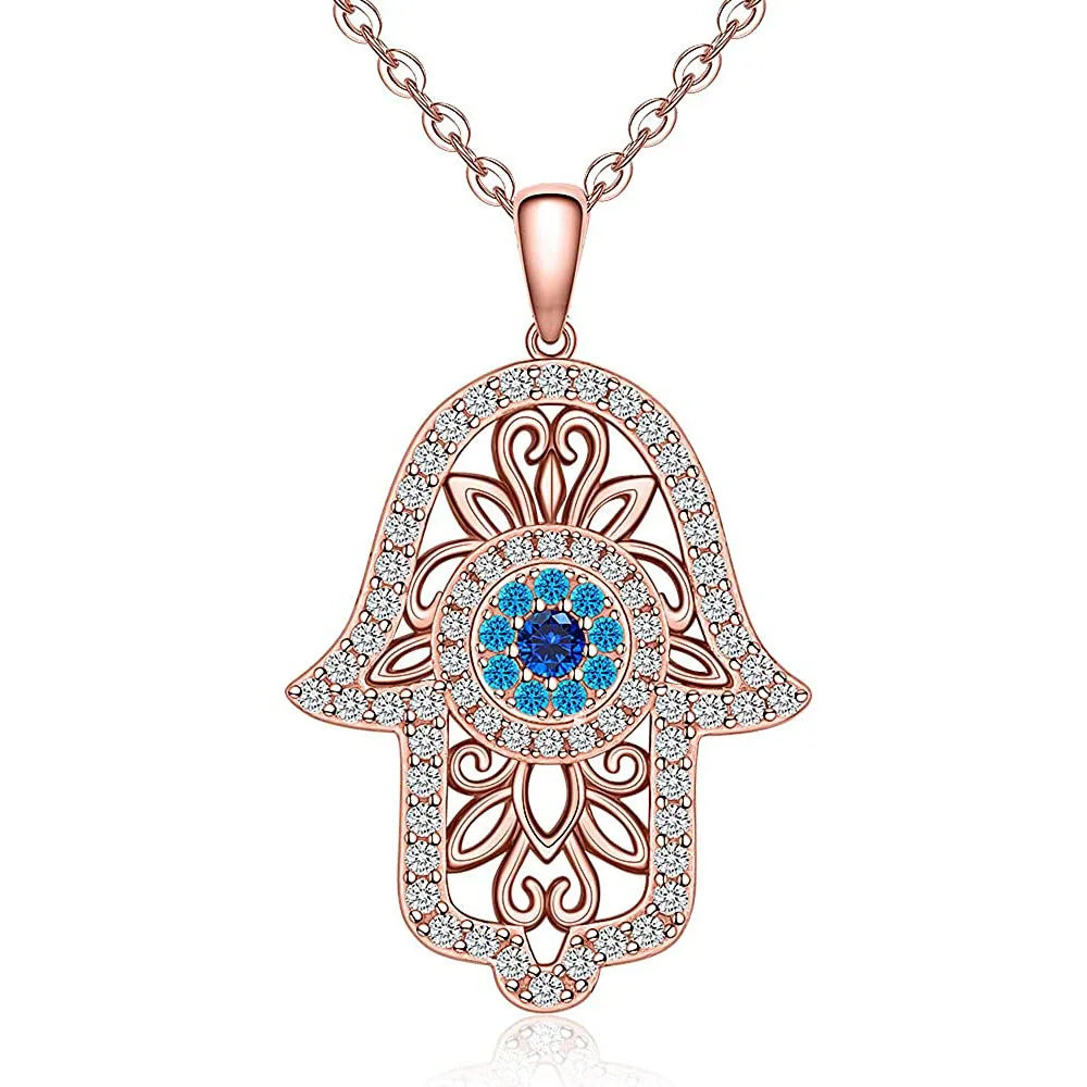 Wholesale 925 Sterling Silver Rose Gold Plated Vintage Lucky Woman Hamsa Hand Pendant Necklace