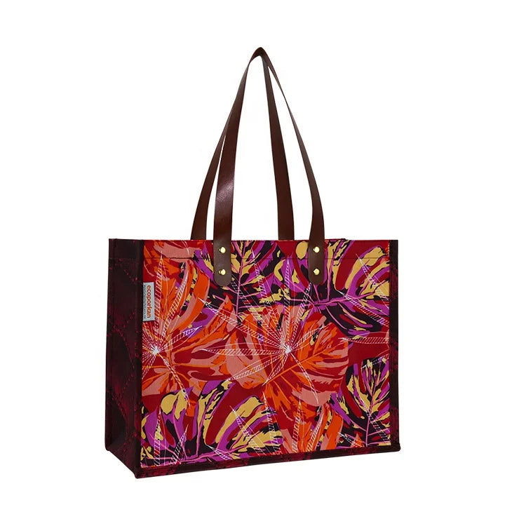 Custom Logo Reusable Canvas Cotton Tote Bag with PU Leather Handle Fashion Design for Women Letter Pattern Style
