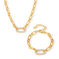 Luxury Chunky Gold Plated Paper Pin Link Chain Oval Micro Pave Pendant Necklace and Bracelet Jewelry Set for Women