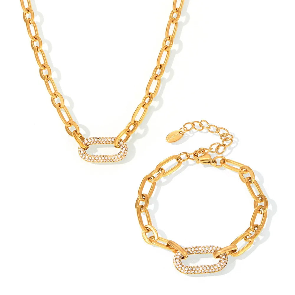 Luxury Chunky Gold Plated Paper Pin Link Chain Oval Micro Pave Pendant Necklace and Bracelet Jewelry Set for Women